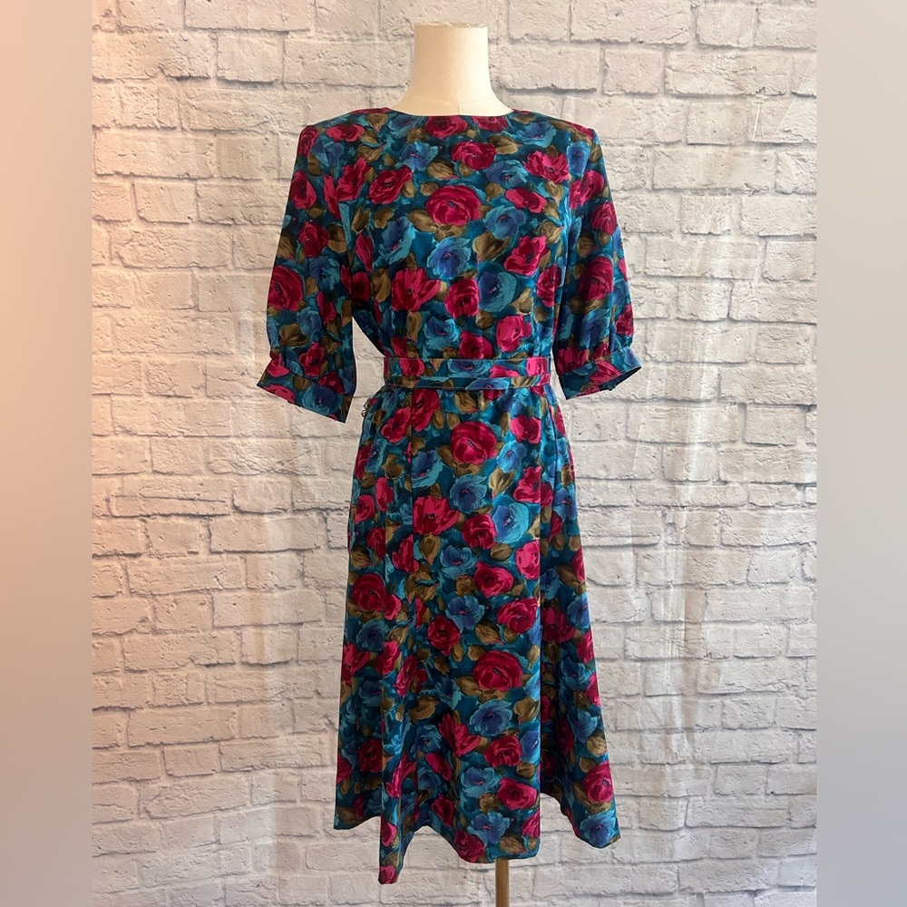 Vintage 60s Dress Handmade Midi Blue Pink Floral w Belt Garden Winter Fall - Picture 7 of 13